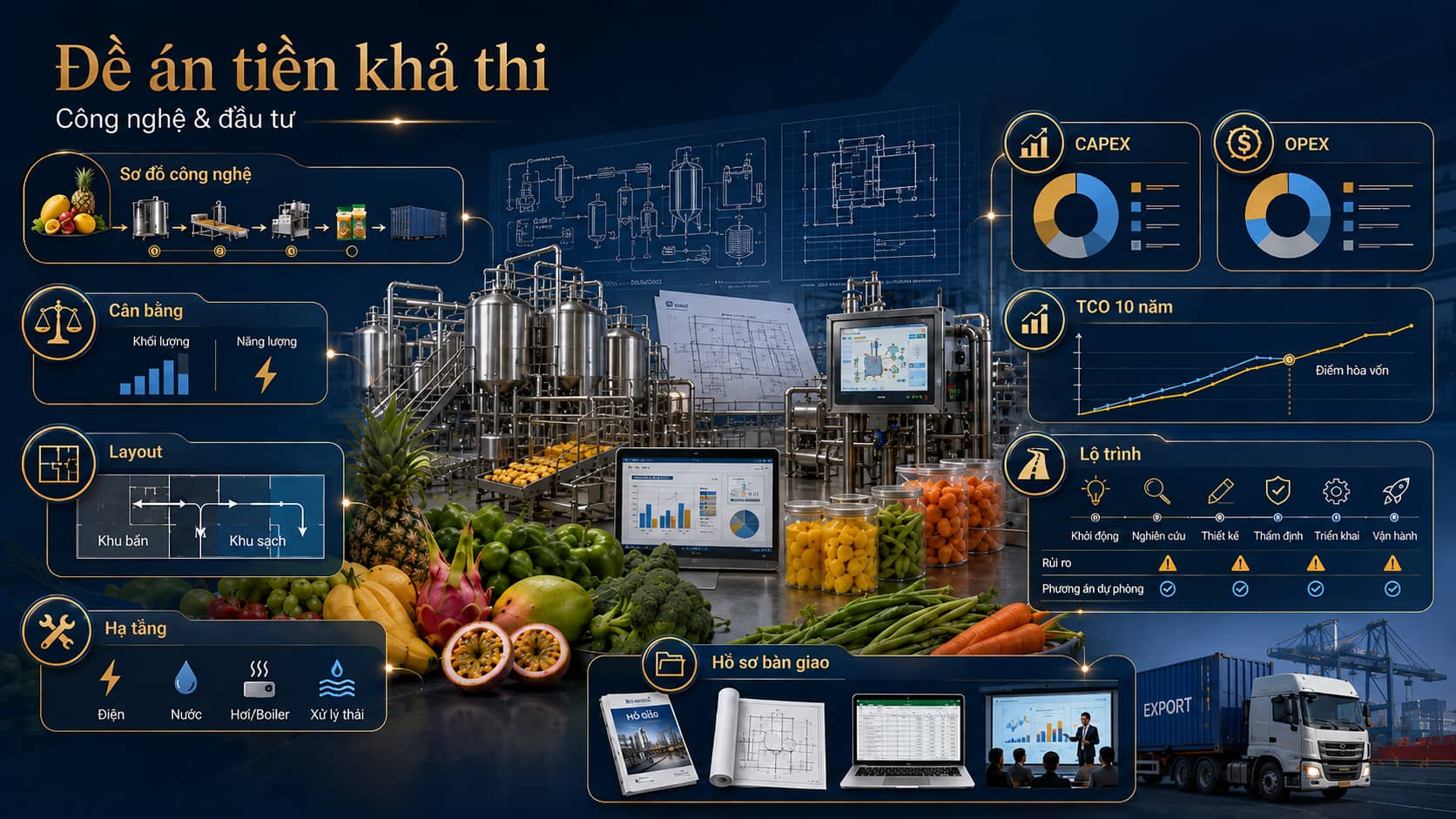 Ban ve layout nha may kho lon trai tren ban, kem bang tinh cong suat.
