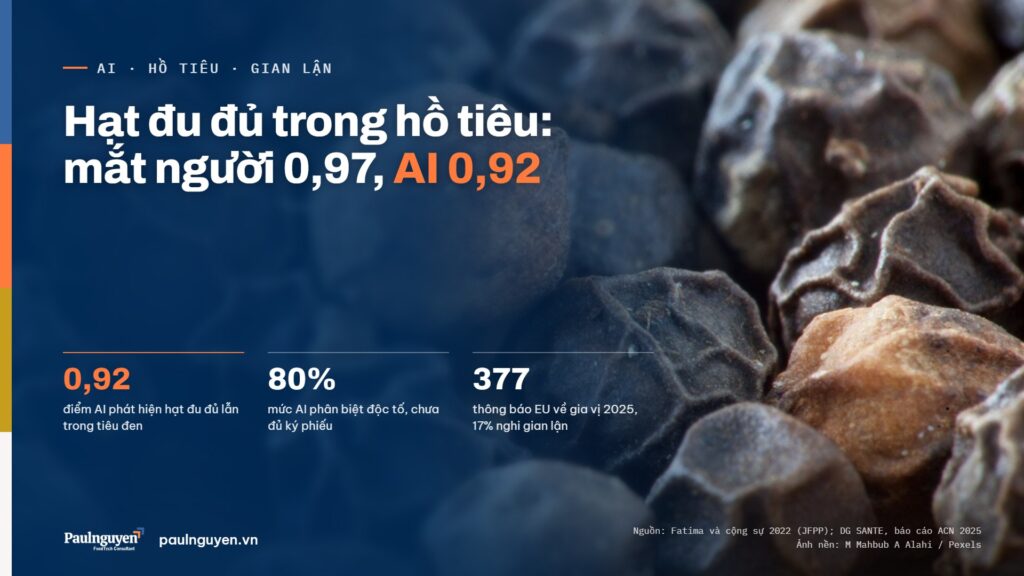Hạt đu đủ trong hồ tiêu: mắt người 0,97, AI 0,92. 0,92 điểm AI phát hiện hạt đu đủ lẫn trong tiêu đen; 80% mức AI phân biệt độc tố, chưa đủ ký phiếu; 377 thông báo EU về gia vị 2025, 17% nghi gian lận