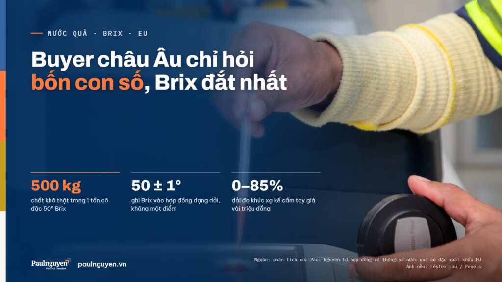 Buyer châu Âu chỉ hỏi bốn con số, Brix đắt nhất. 500 kg chất khô thật trong 1 tấn cô đặc 50° Brix; 50 ± 1° ghi Brix vào hợp đồng dạng dải, không một điểm; 0–85% dải đo khúc xạ kế cầm tay giá vài triệu đồng
