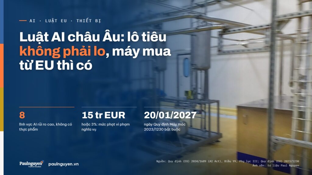 Luật AI châu Âu: lô tiêu không phải lo, máy mua từ EU thì có. 8 lĩnh vực AI rủi ro cao, không có thực phẩm; 15 tr EUR hoặc 3%: mức phạt vi phạm nghĩa vụ; 20/01/2027 ngày Quy định Máy móc 2023/1230 bắt buộc