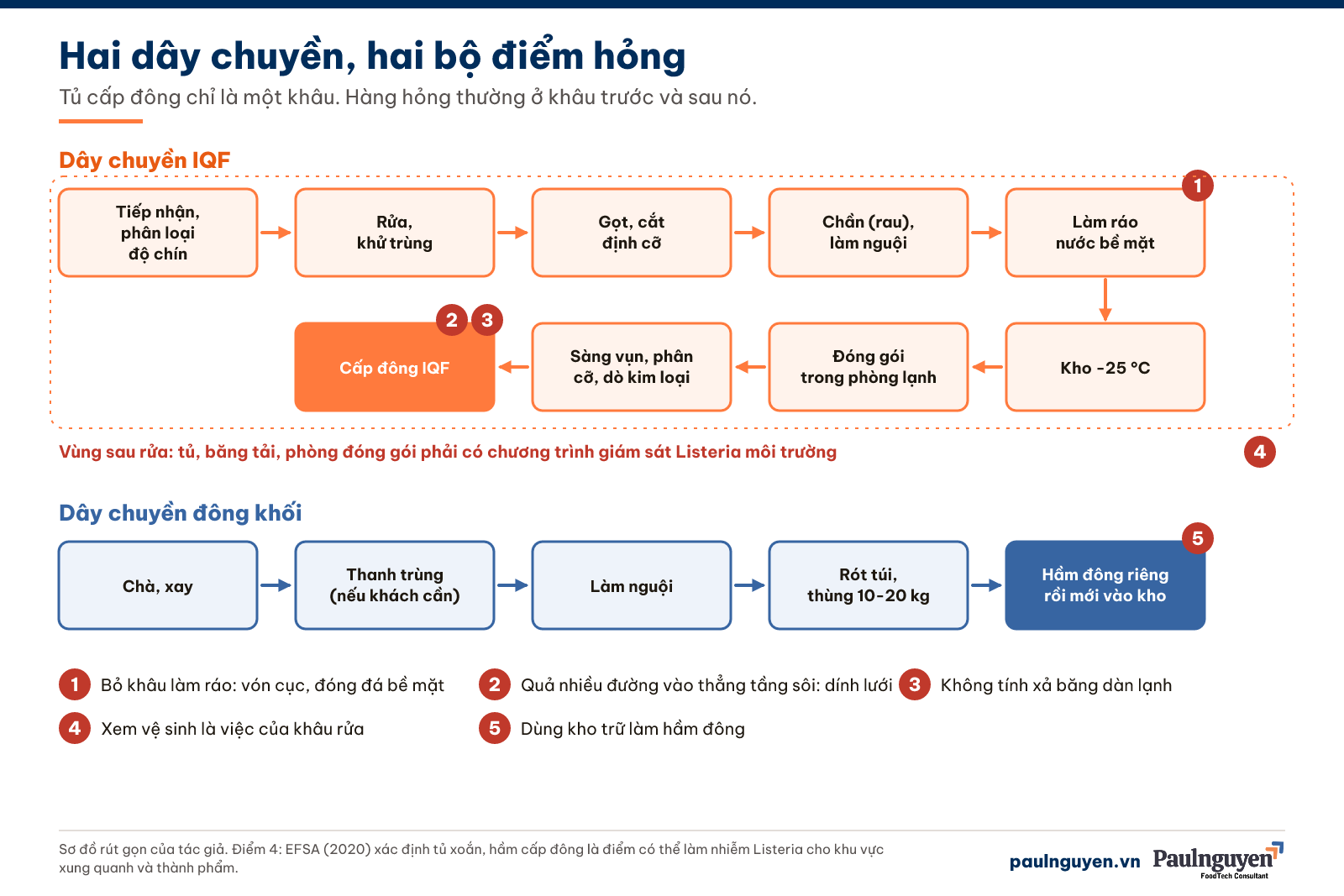 Sơ đồ công đoạn dây chuyền IQF và dây chuyền đông khối với năm điểm hỏng thường gặp