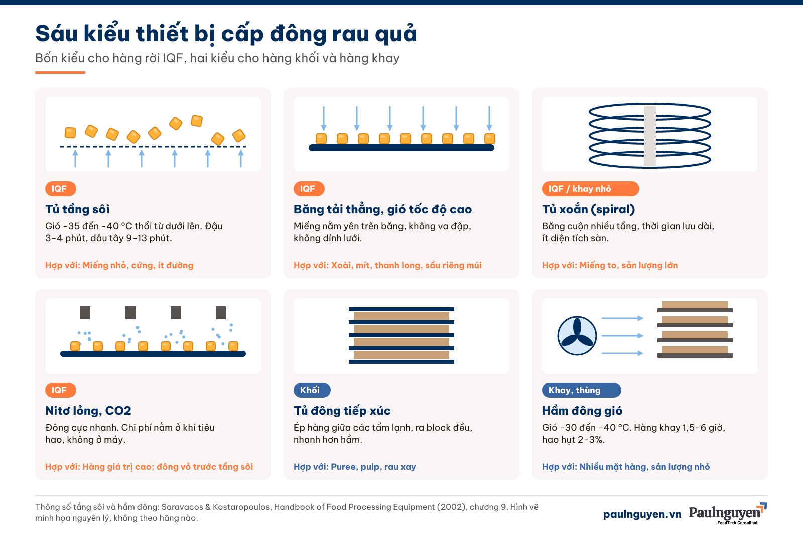 Sáu kiểu thiết bị cấp đông rau quả: tầng sôi, băng tải thẳng, tủ xoắn, nitơ lỏng, tủ tiếp xúc, hầm đông gió
