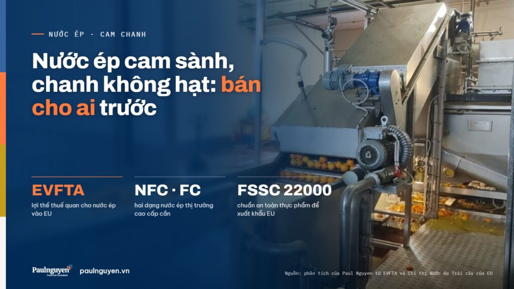 Nước ép cam sành, chanh không hạt: bán cho ai trước. EVFTA lợi thế thuế quan cho nước ép vào EU; NFC · FC hai dạng nước ép thị trường cao cấp cần; FSSC 22000 chuẩn an toàn thực phẩm để xuất khẩu EU